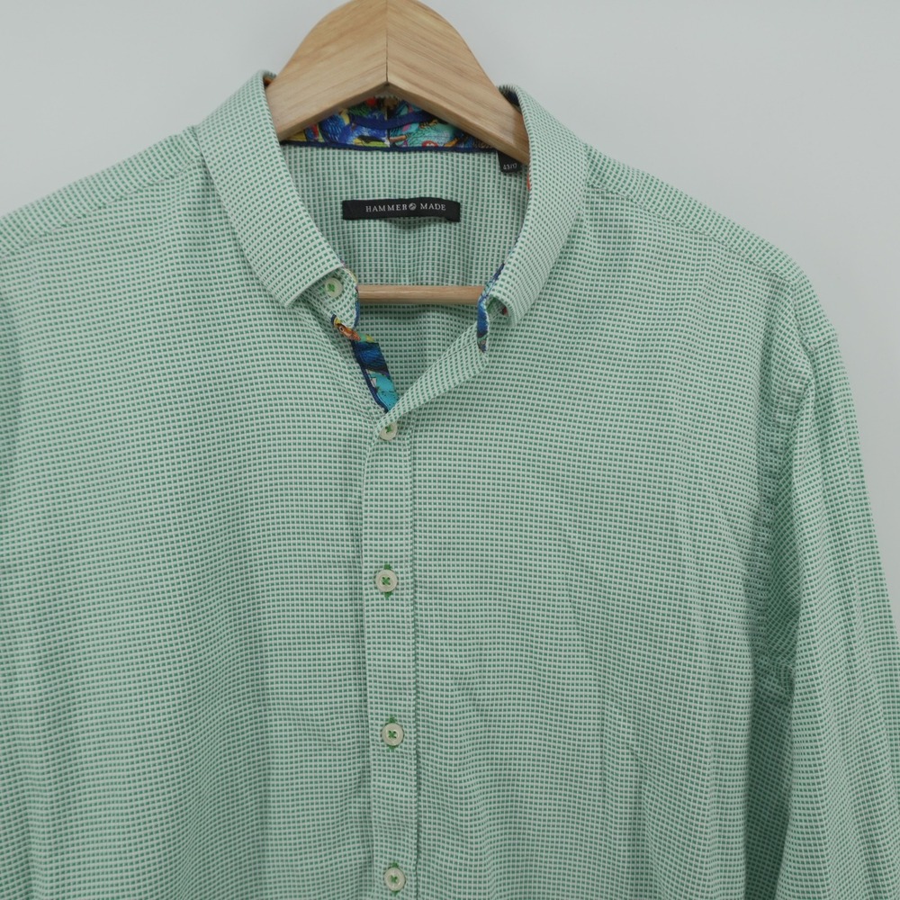 Hammer Made Button Down Shirt Mens 43/17 Green White Micro Check Floral Trim